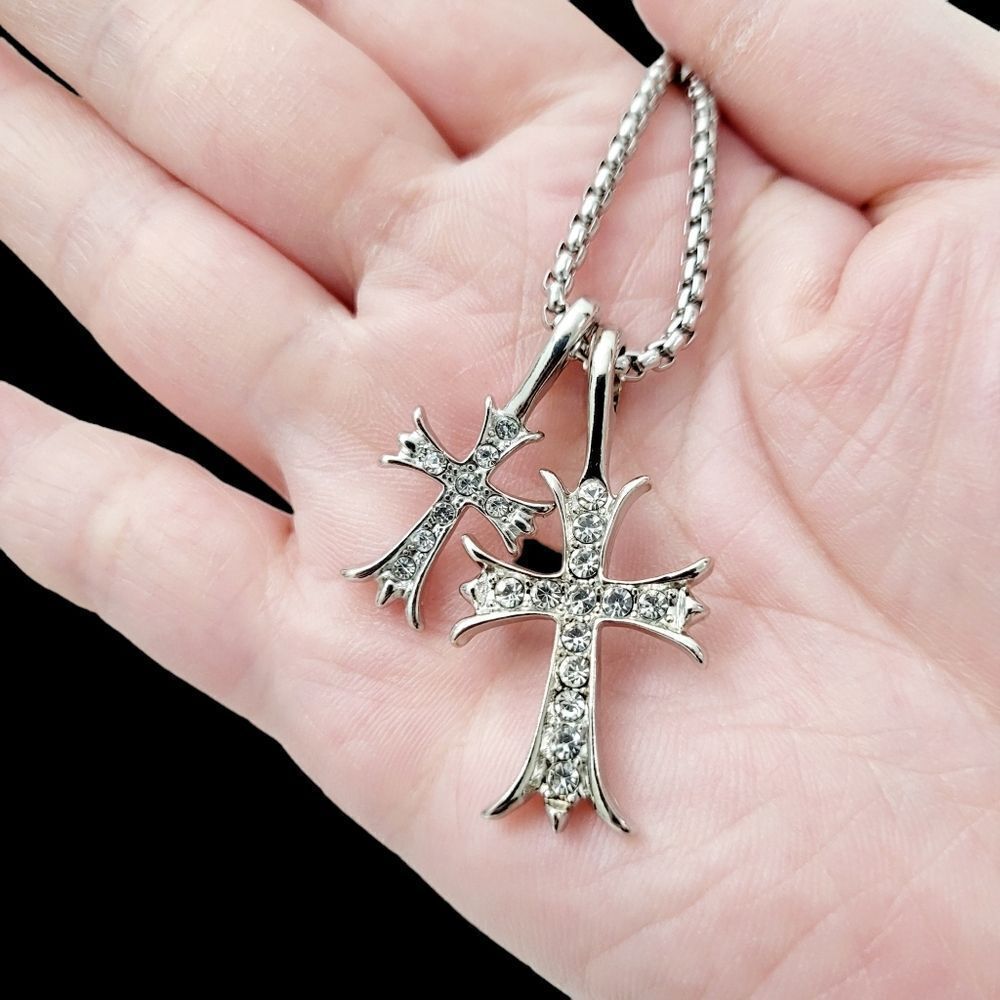 Brand New Double Crosses Silver Rhinestone Necklace